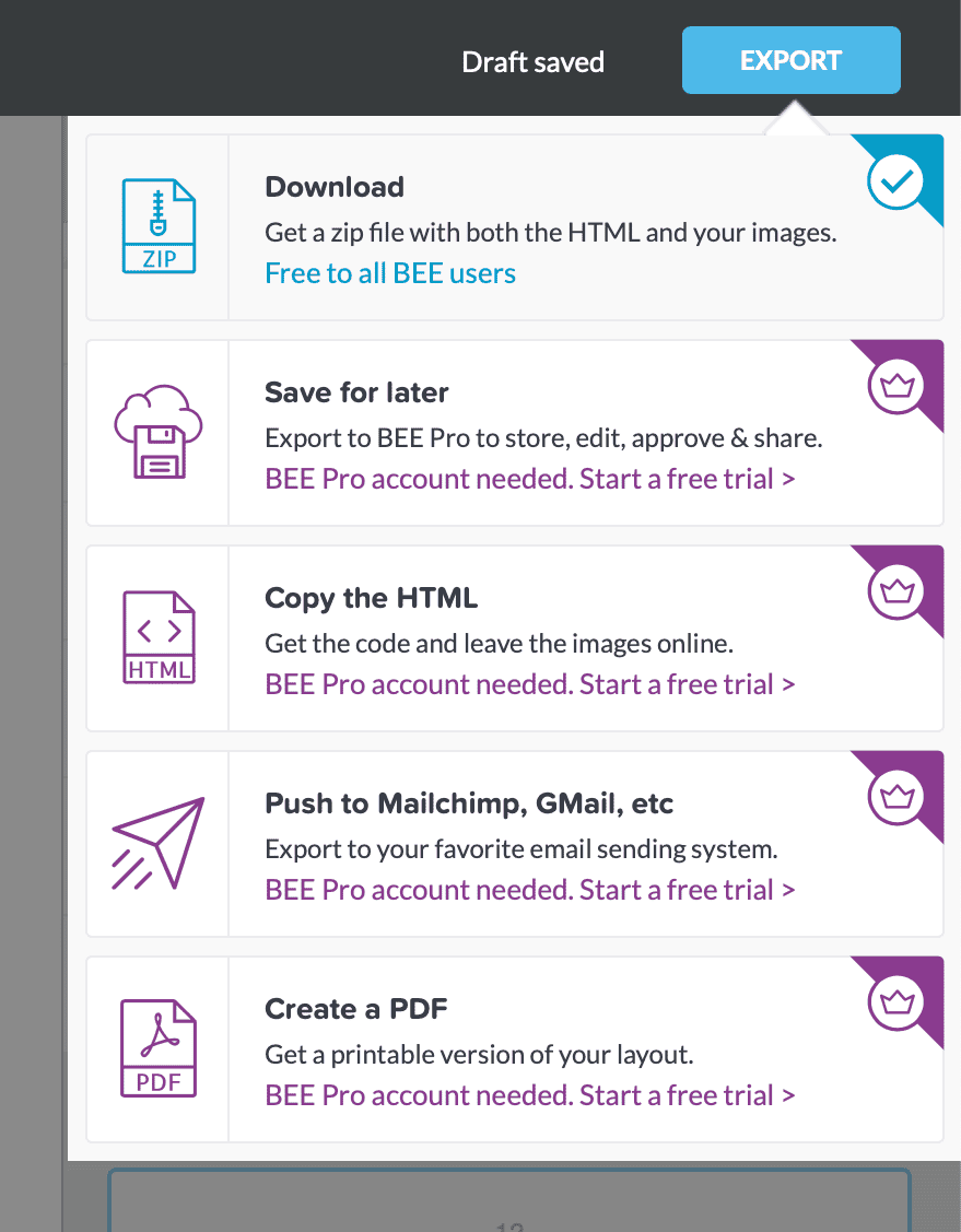 Beefree: Build, Collaborate, Download, or Import Your Mobile Responsive HTML Email For Free 34 BEE Responsive Email Builder Export Options