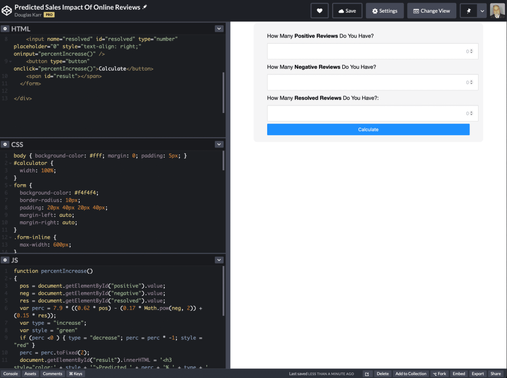 CodePen: Daxili, Test, Paylaşın və HTML, CSS və JavaScript 2-i kəşf edin CodePen - onlayn icmalların satış təsirini proqnozlaşdırmaq üçün kalkulyator