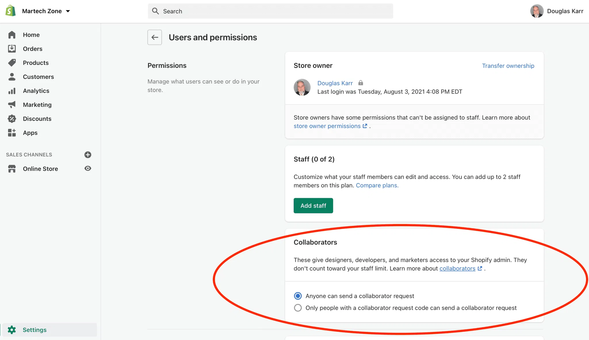 How To Add Your Agency As A Collaborator To Your Shopify Store 23 Shopify Dashboard User Collaborator Settings