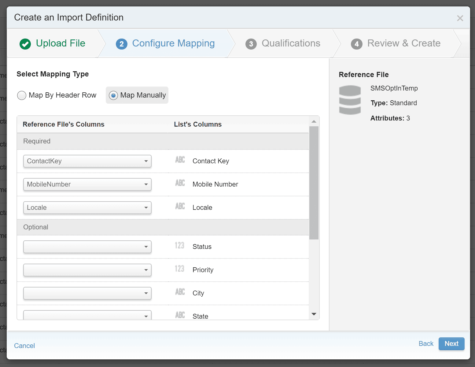 Marketing Cloud: How to Create an Automation in Automation Studio to Import SMS Contacts into MobileConnect 51 Map Fields for Contact Builder MobileConnect Import