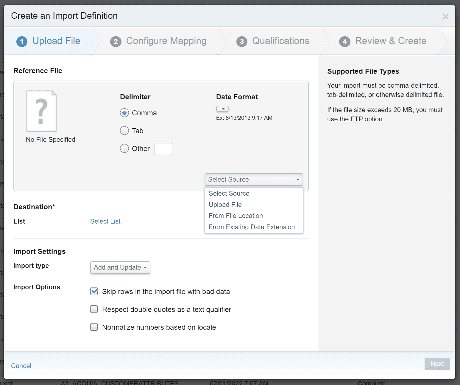 Marketing Cloud: How to Create an Automation in Automation Studio to Import SMS Contacts into MobileConnect 48 Import Definition Source for MobileConnect Import