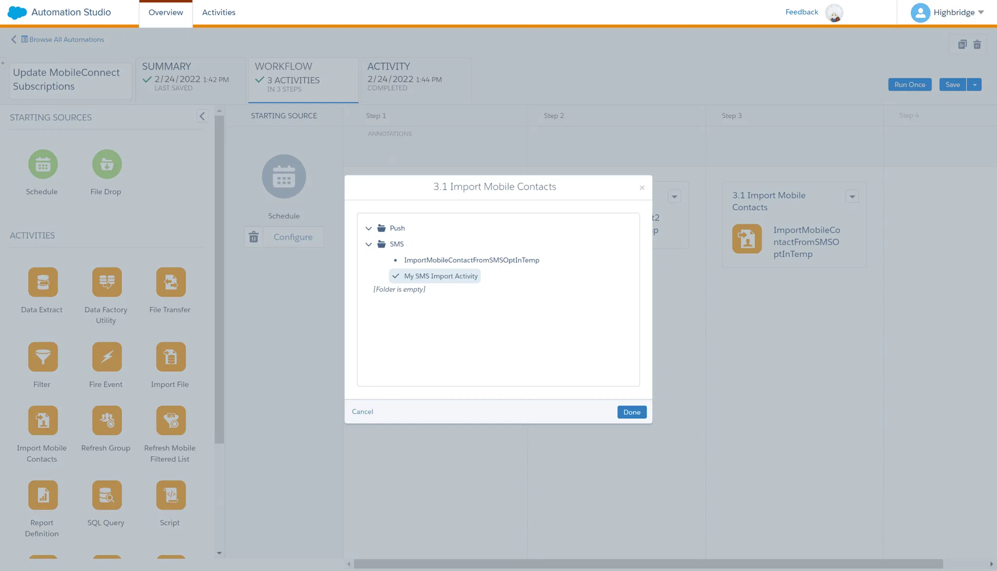 Marketing Cloud: How to Create an Automation in Automation Studio to Import SMS Contacts into MobileConnect 54 import-mobile-contact-with-activity
