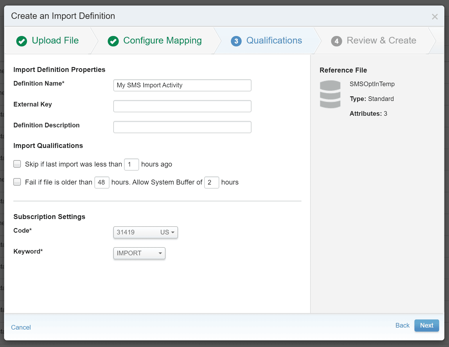 Marketing Cloud: How to Create an Automation in Automation Studio to Import SMS Contacts into MobileConnect 52 Name Activity for Contact Builder MobileConnect Import and set SMS Code and SMS Keyword
