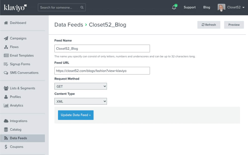How To Publish Your Shopify Blog Feed In Your Klaviyo Email Template 83 Klaviyo Add Shopify XML Blog Feed