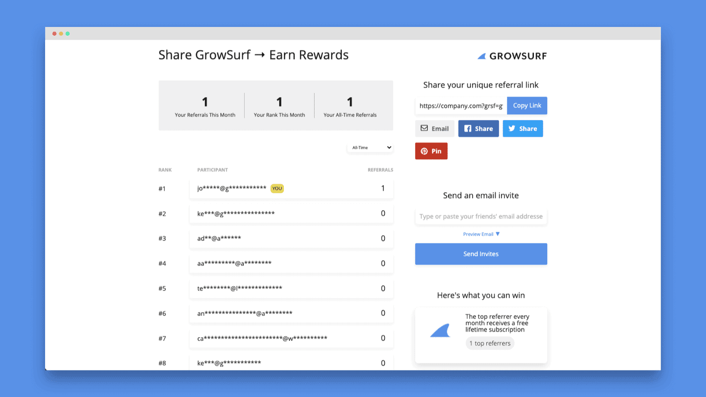GrowSurf: Effortlessly Launch A Fully Automated Referral Marketing Program 33 Referral Dashboard