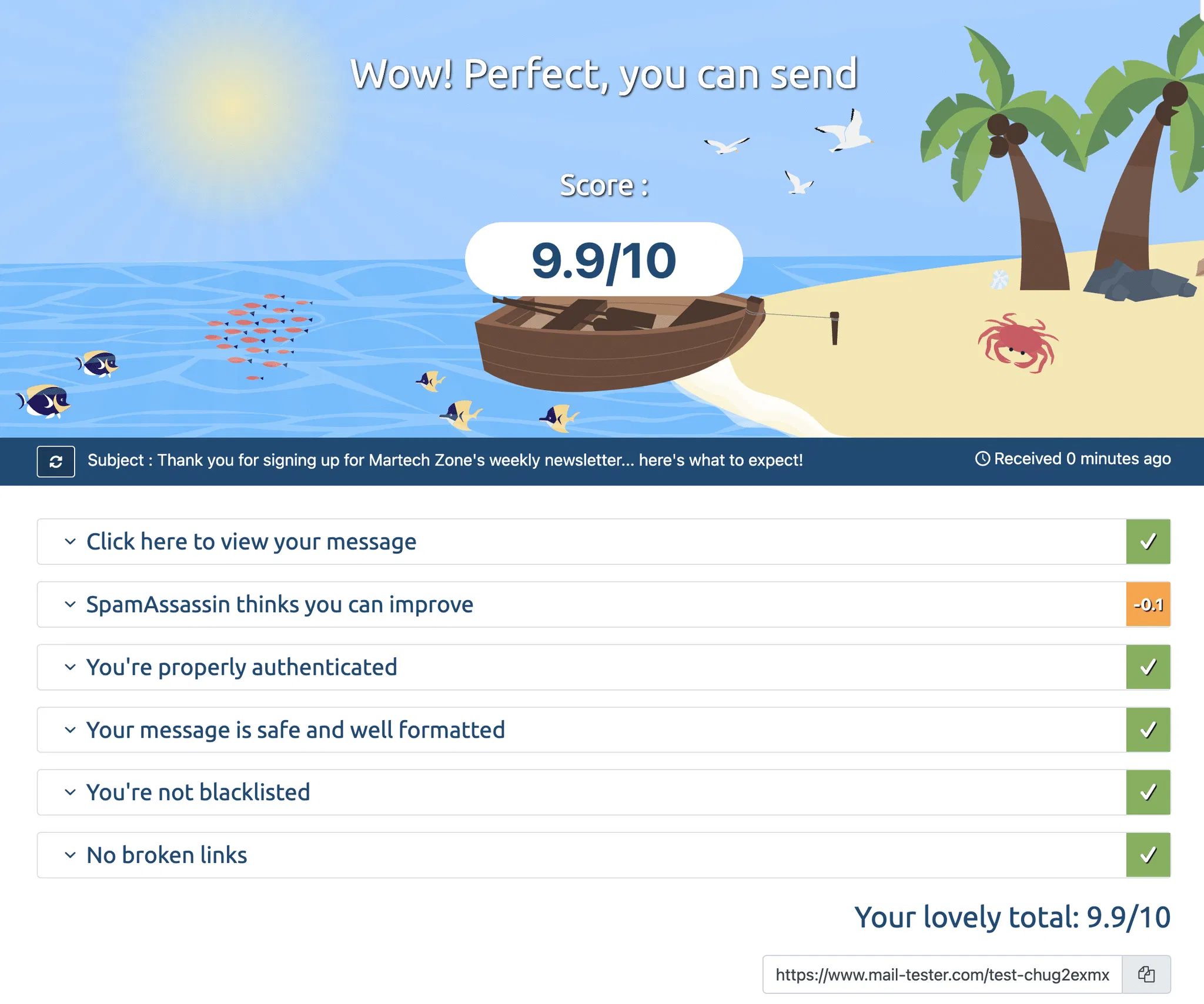 Mail-Tester: A Free Tool to Check Your Email Newsletter Against Common SPAM Issues 19 mail-tester-result