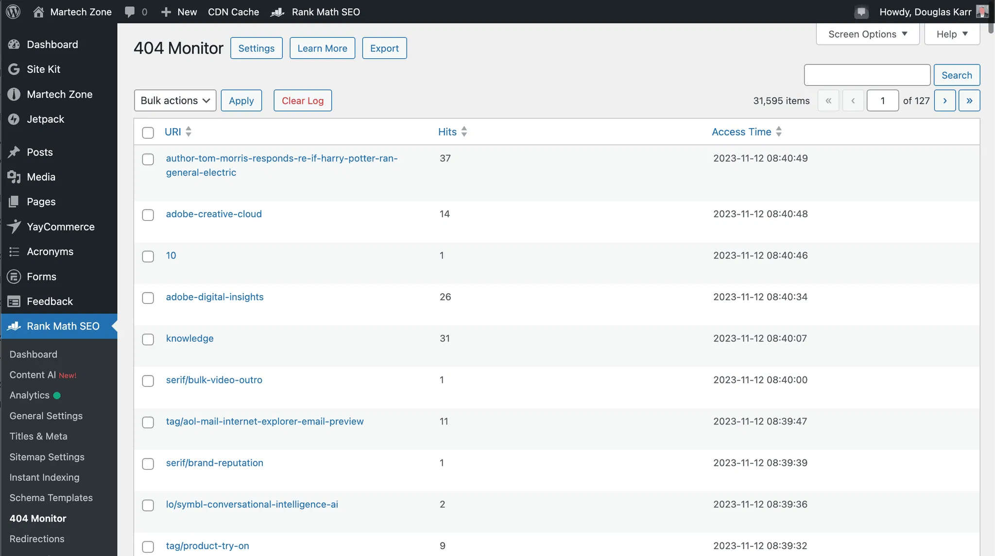 WordPress: How To Update Admin Menu Links with jQuery to Sort Results Automatically (with Rank Math Example) 18 rank-math-404-report