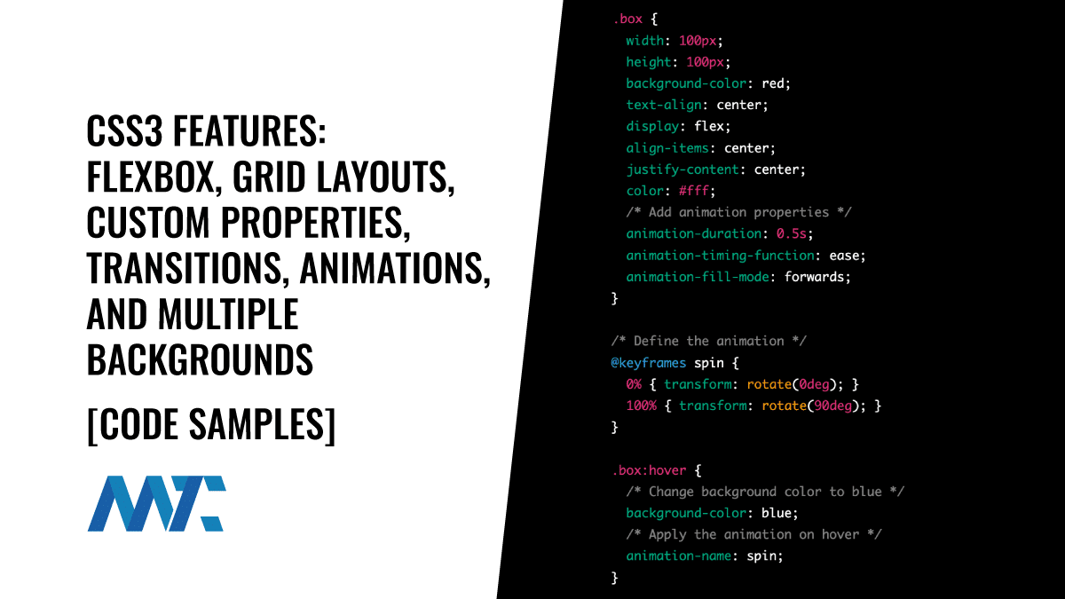 CSS3 Flexbox, Grid, Custom Properties, Transitions, Animations, Multiple Backgrounds