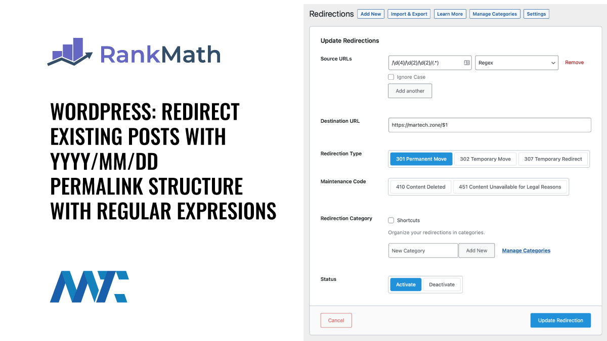 Redirect YYYY/MM/DD Regex WordPress Rank Math SEO