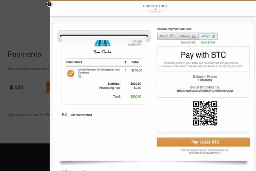 a2 Payments website checkout btc