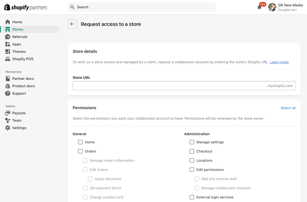 Shopify Partners Access Permissions Page