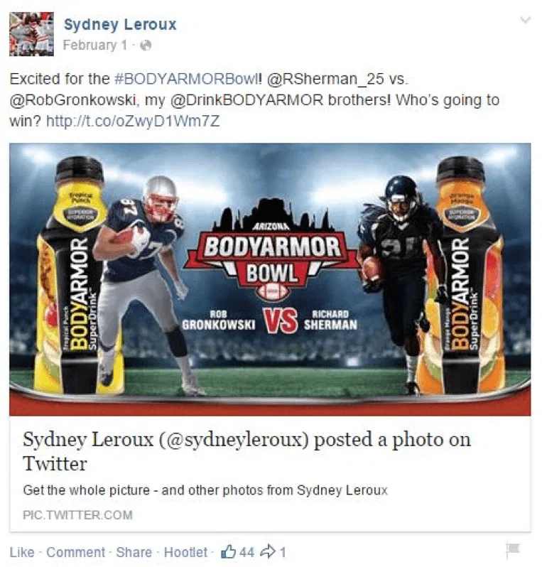 Sydney Leroux uses her twitter and Facebook to promote Body Armor sports drink.