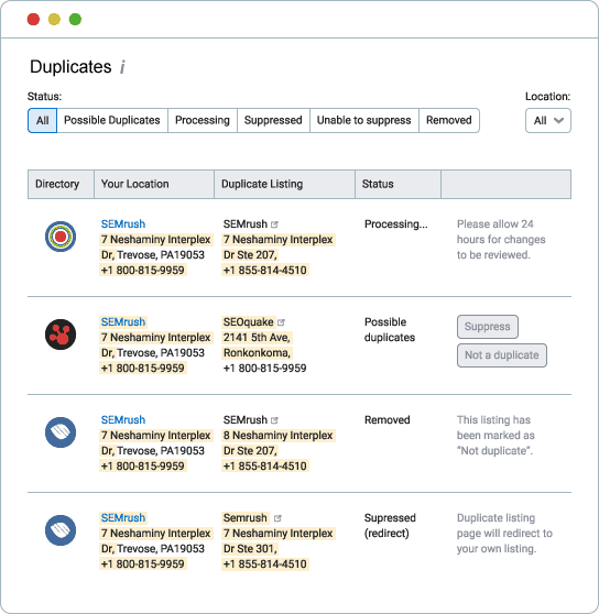 semrush listings management duplicates