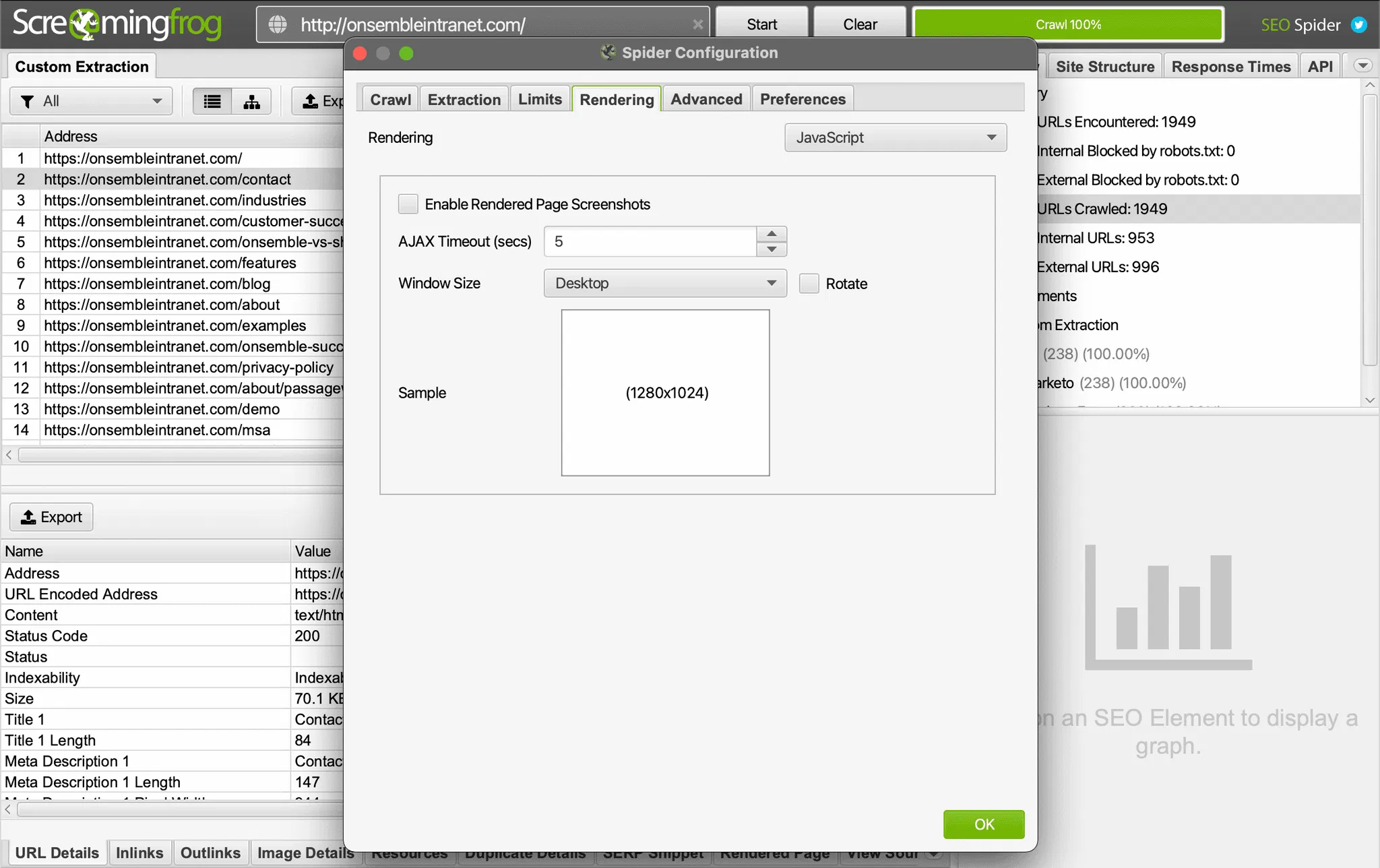 Screaming Frog SEO Spider Javascript Rendering