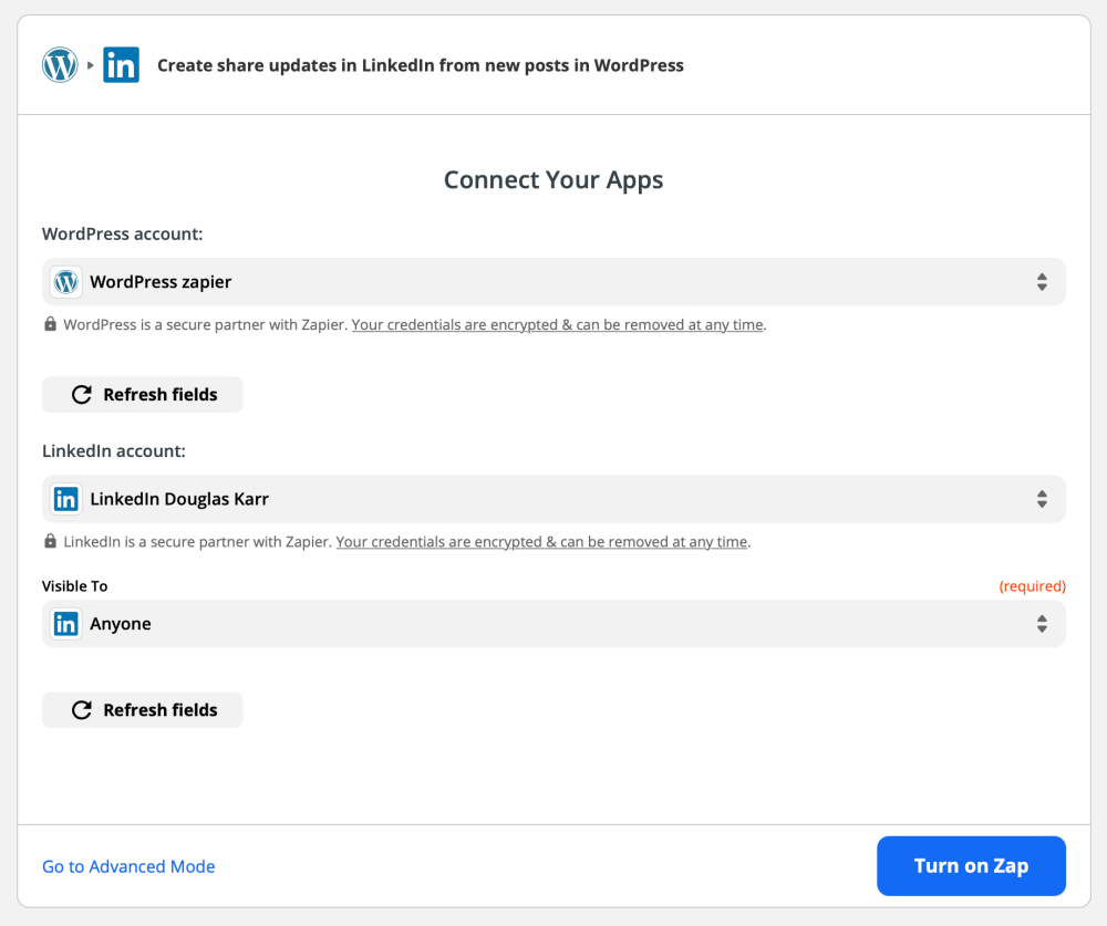 Zapier - Connect Your Apps for WordPress and LinkedIn