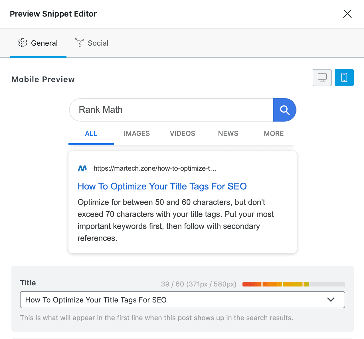 Rank Math Mobile SERP Preview