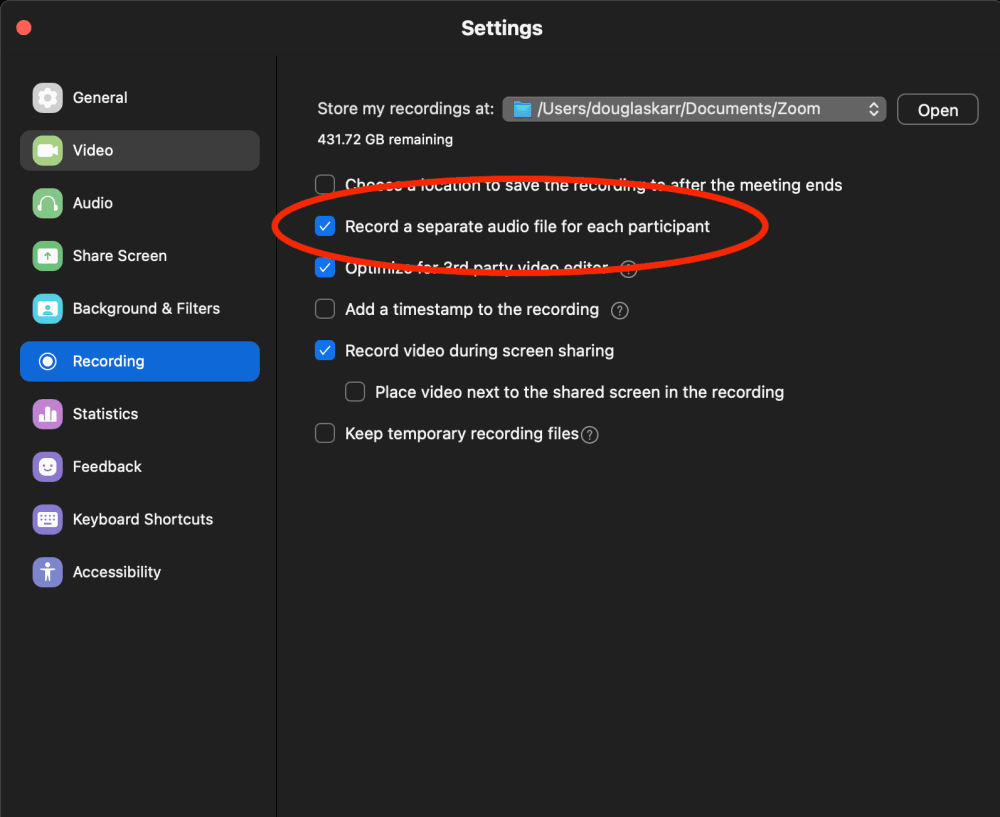 How to Use A Zoom Meeting to Record A Remote Guest On Your Podcast in Separate Tracks 2 Zoom settings for recording a separate audio file for each participant.
