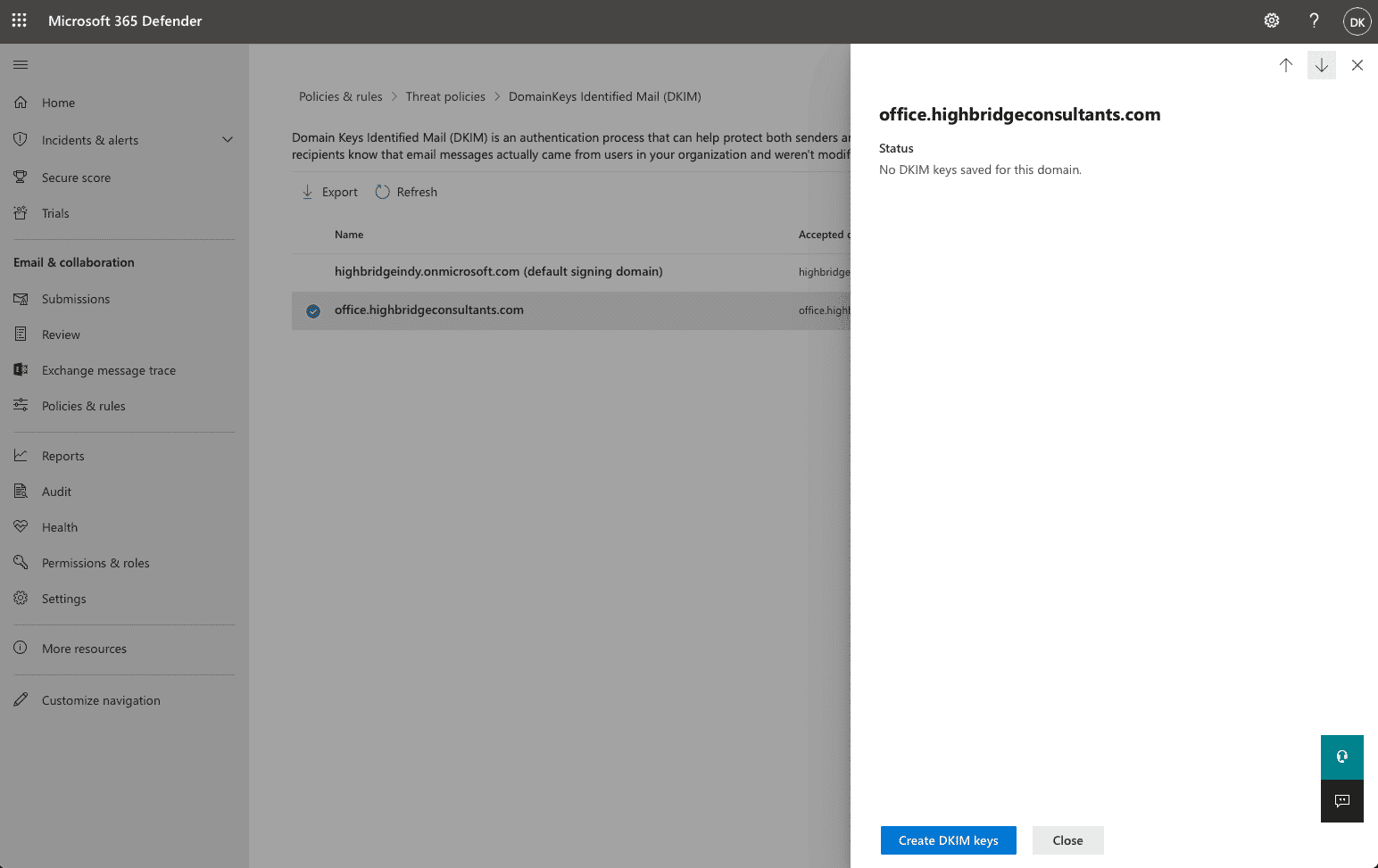 dkim-keys-microsoft-365-defender
