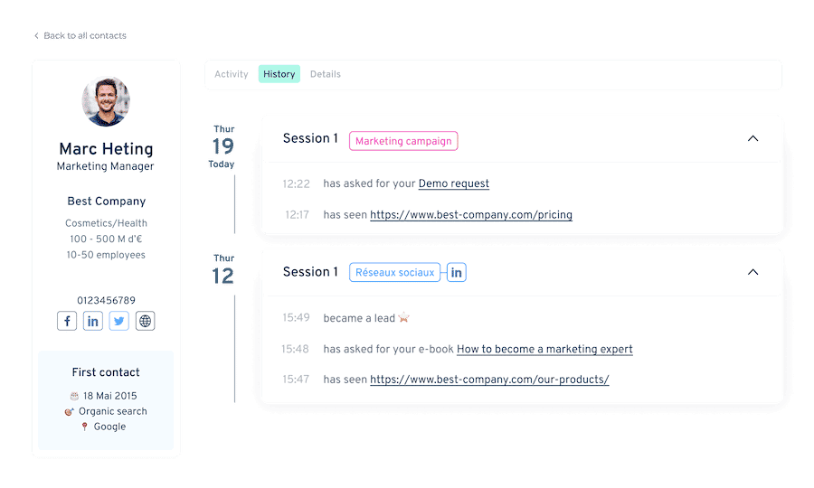 Plezi One: A Free Tool To Generate Leads With Your B2B Website 14 Plezi One Contact History and Profile