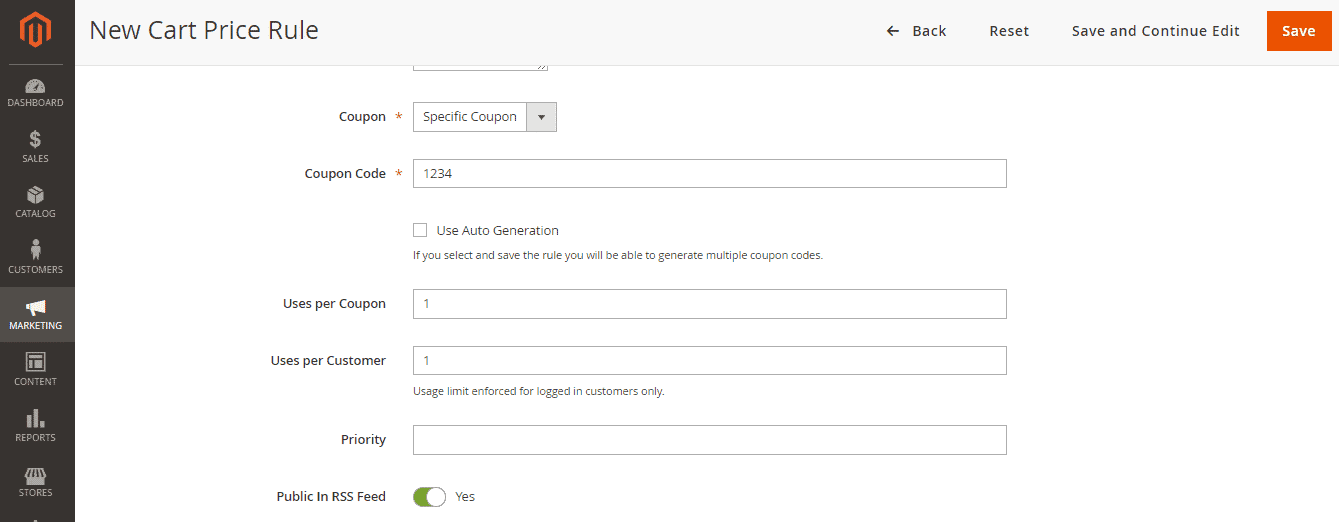 New Cart Price Rule - Coupon in Adobe Commerce (Magento)
