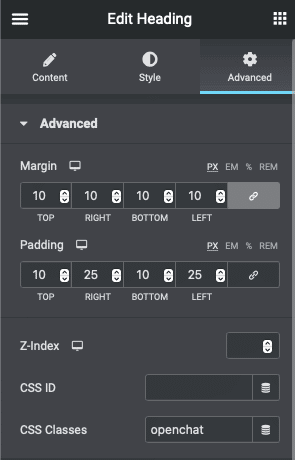 WordPress: Open A LiveChat Window By Clicking A Link or Button Using Elementor 3 elementor advanced settings classes