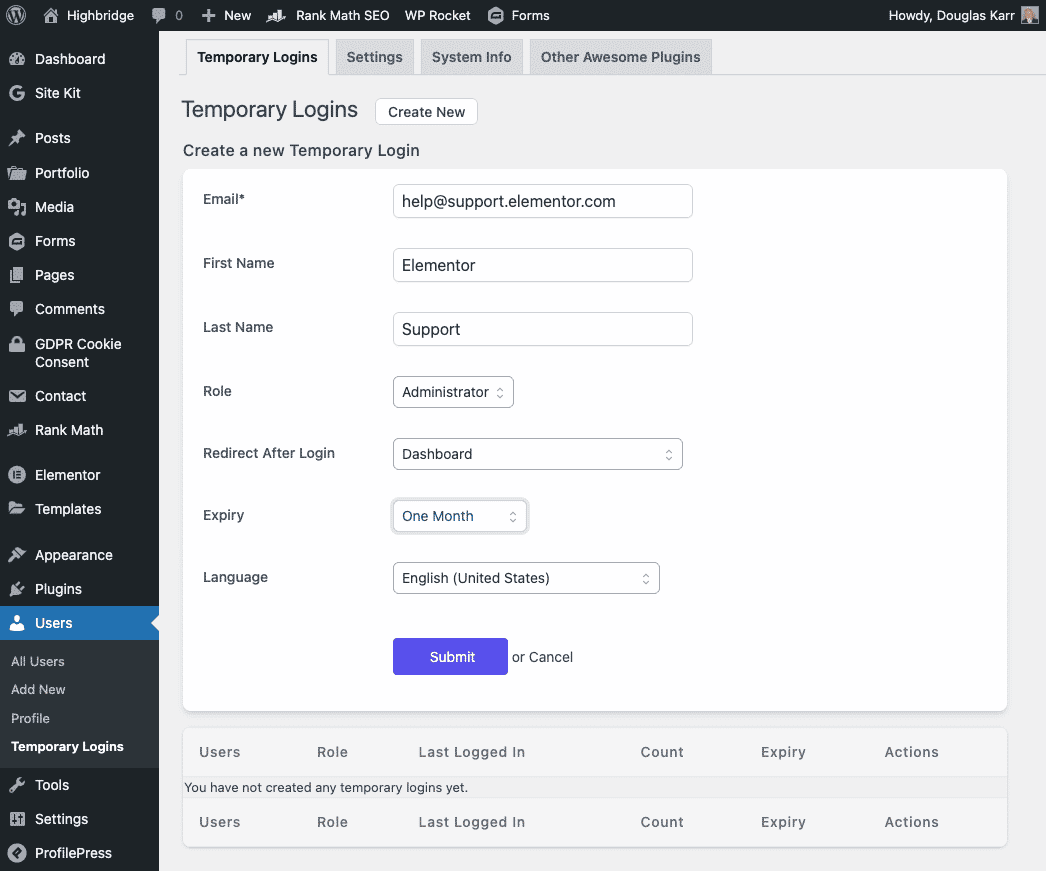 wordpress-temporary-login