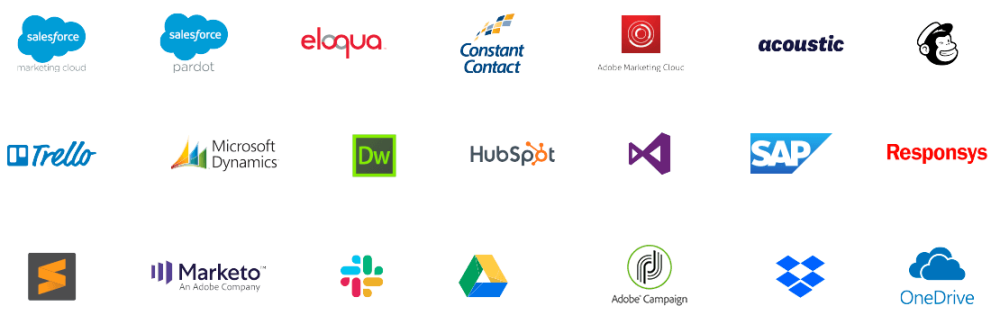 Litmus: How To Design Effective Email Campaigns That Convert 7 Litmus Integrations - Salesforce Marketing Cloud, Pardot, Eloqua, Constant Contact, Adobe Marketing Cloud, Acoustic, Mailchimp, Trellow, Microsoft Dynamics, Dreamweaver, HubSpot, SAP, Responsys, Marketo, Google Drive, Slack, OneDrive, Dropbox, Microsoft Teams, Adobe Campaign,