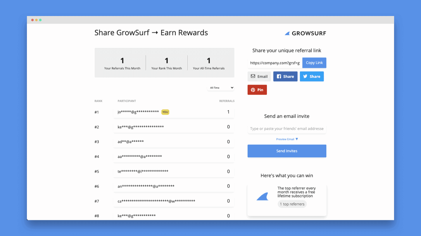 GrowSurf: Effortlessly Launch A Fully Automated Referral Marketing Program 5 Referral Dashboard