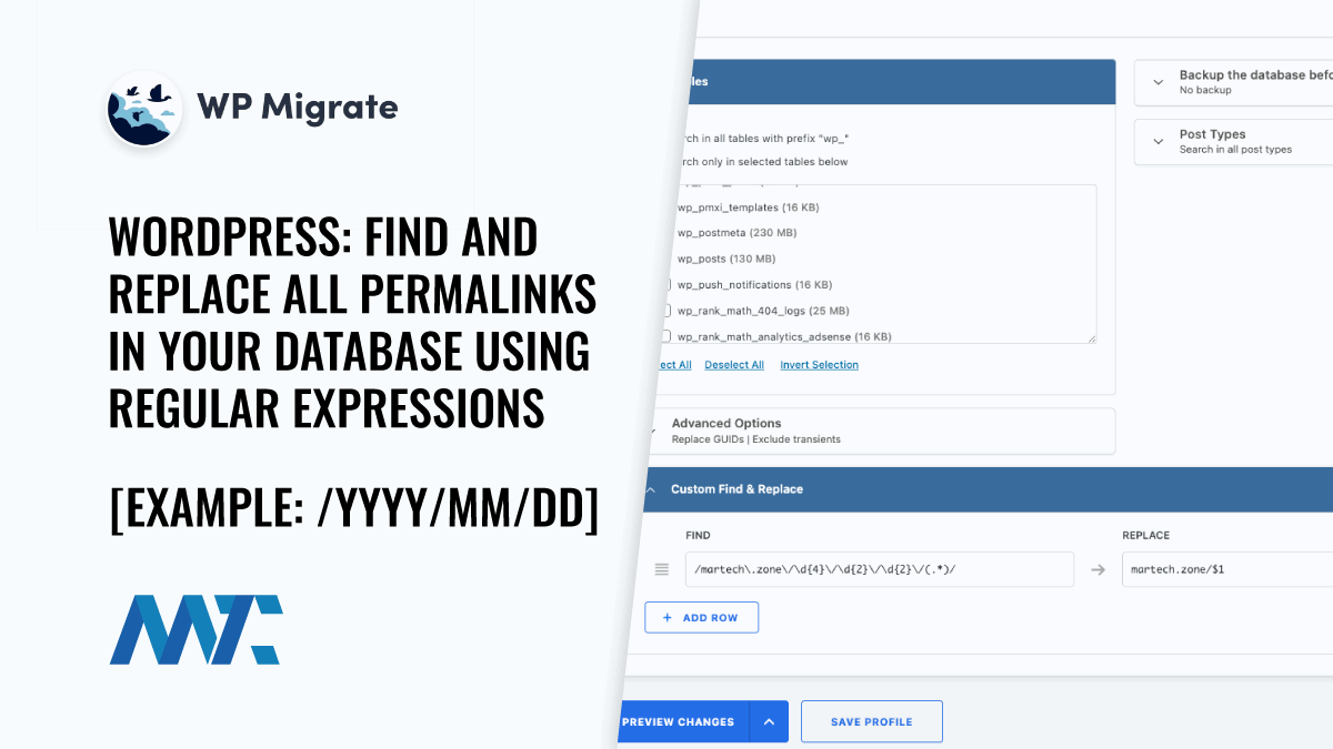 WordPress: Find and Replace All Permalinks In Your Database using Regular Expressions (Example: /YYYY/MM/DD) 1 Regex Replace Permalinks in wp_posts with WP Migrate Pro for WordPress