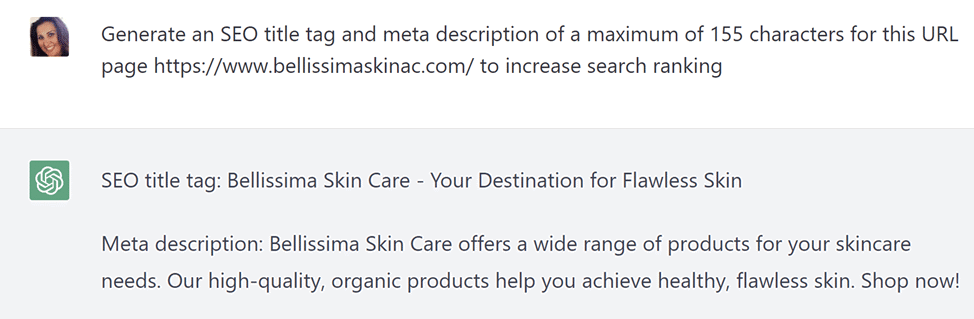 Two Critical Marketing Reasons Why AI Writers Like ChatGPT Still Need Humans 2 ChatGPT results for optimizing title tag and meta description for search engines (SEO)