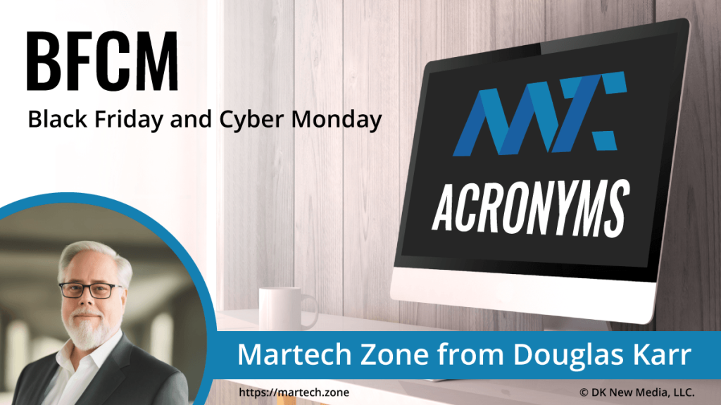 BFCM: Black Friday Cyber Monday What is the acronym BFCM? Black Friday Cyber Monday