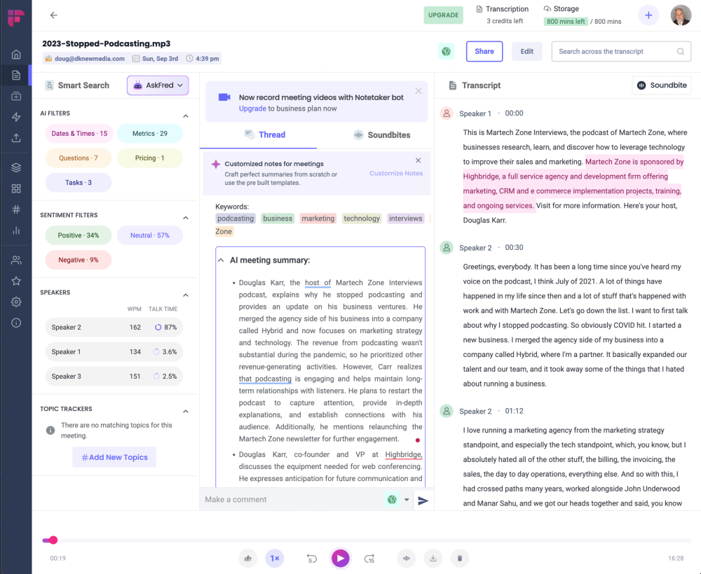 Fireflies AI transcription and AI summary with speakers, topics, questions, sentiment analysis, etc.