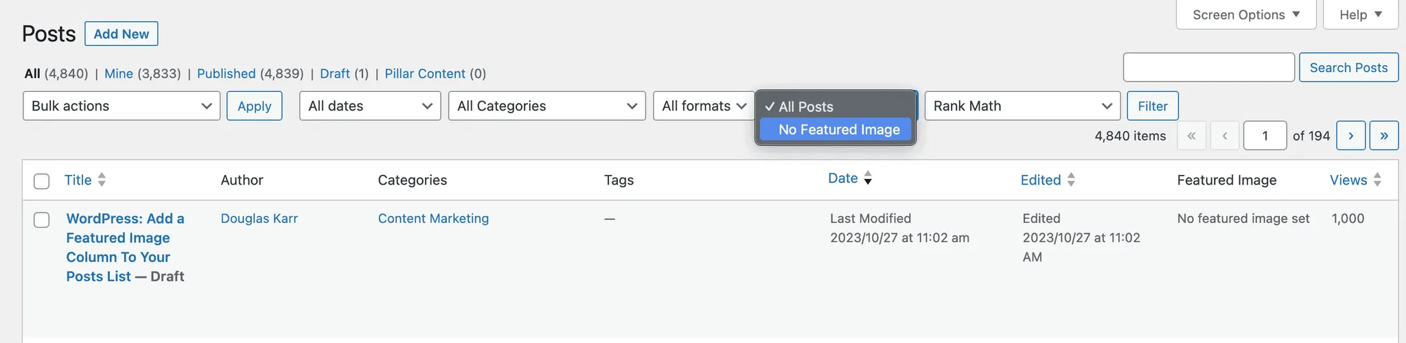 Add a posts list filter for no featured image