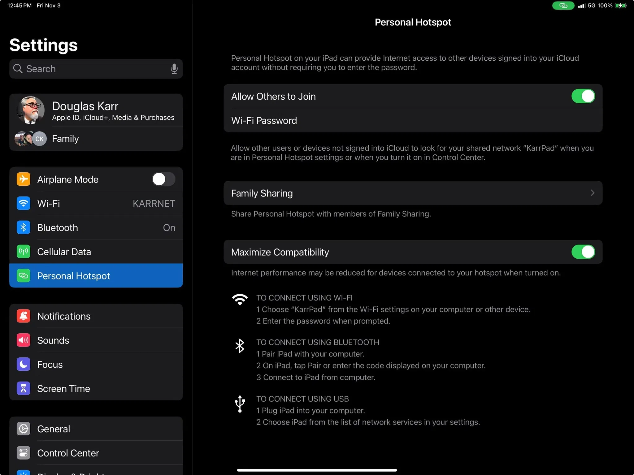 iOS Personal Hotspot Settings