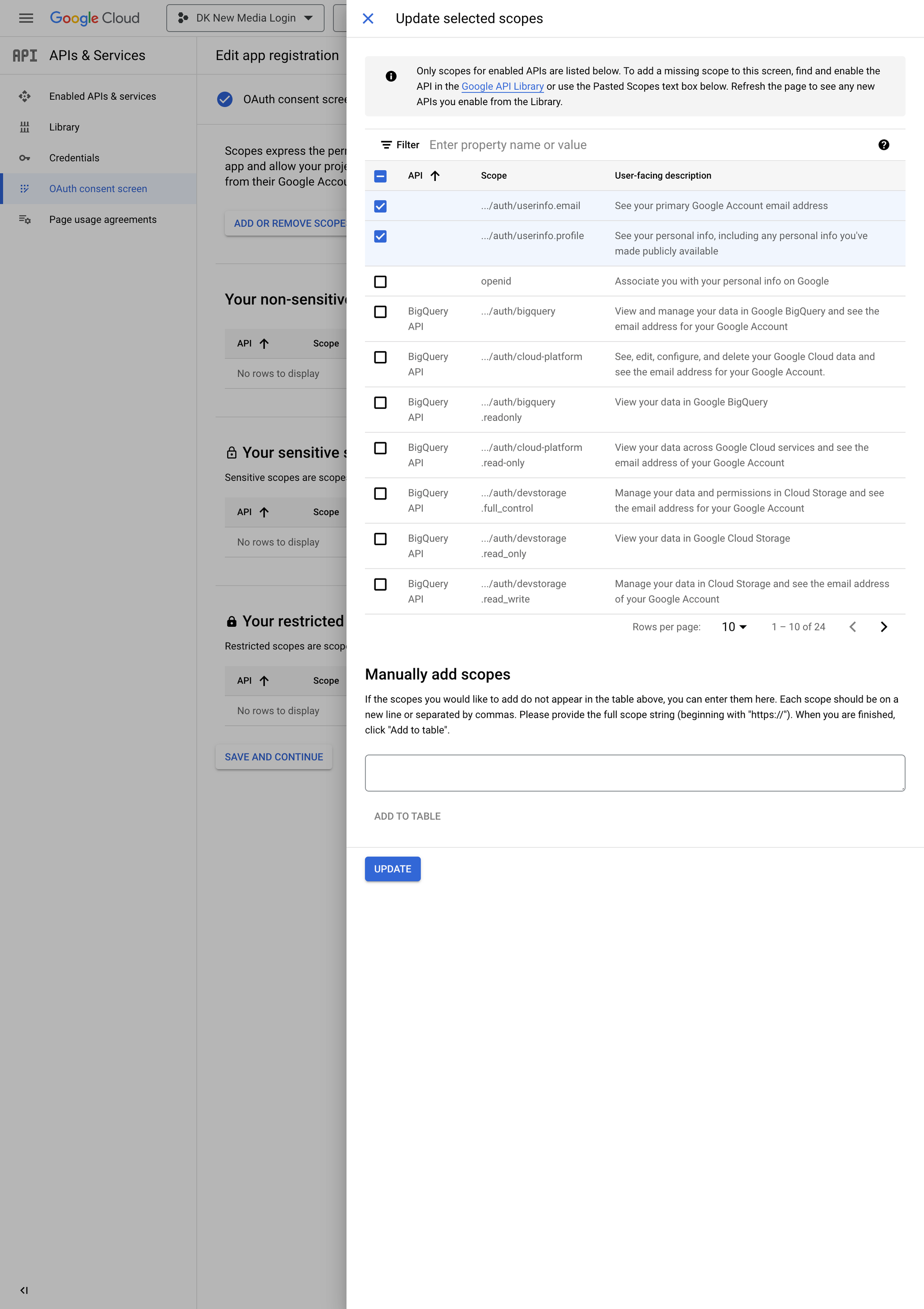 Google Cloud OAuth Scope Permissions - Add