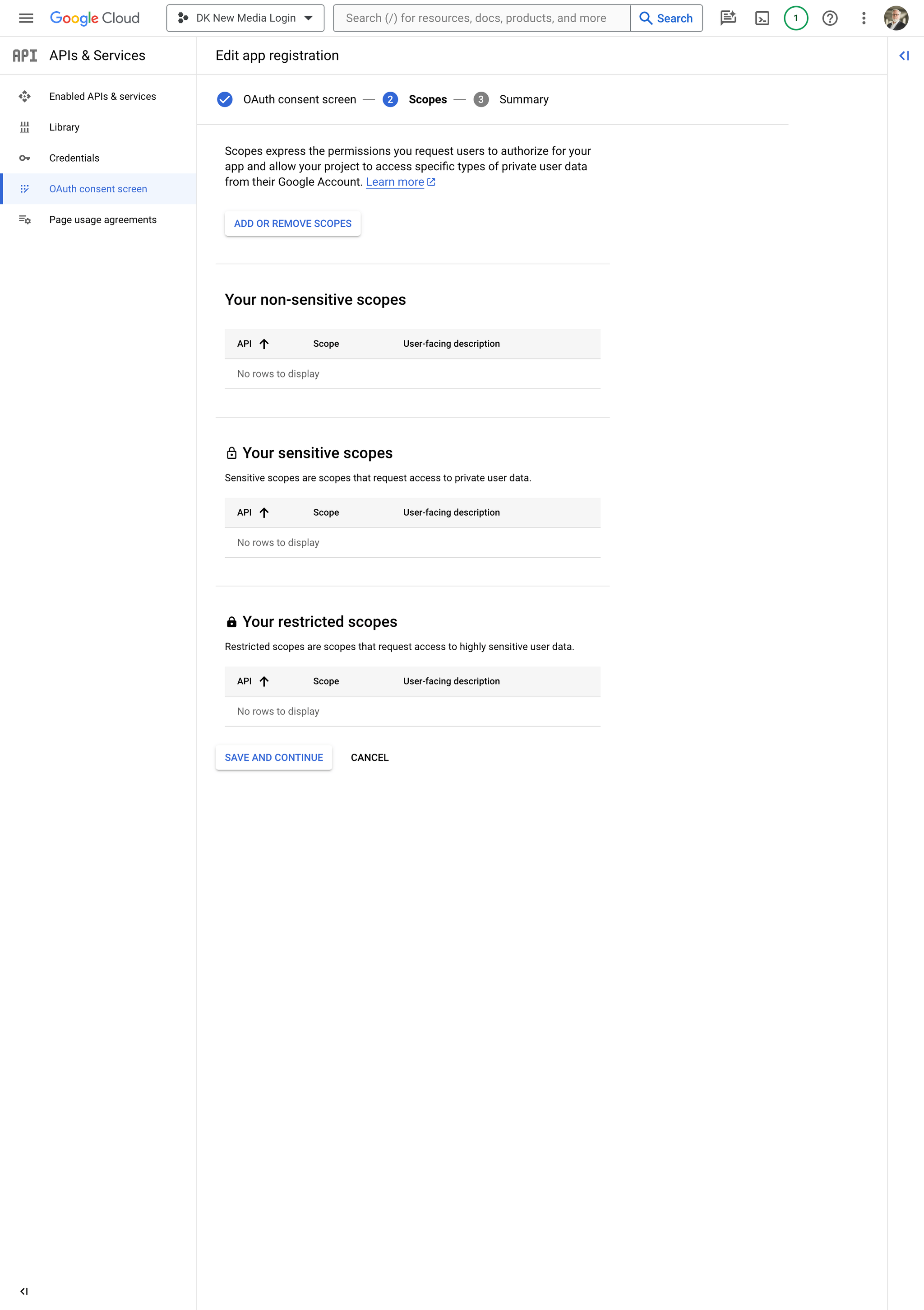 Google Cloud OAuth Scope Permissions - Add
