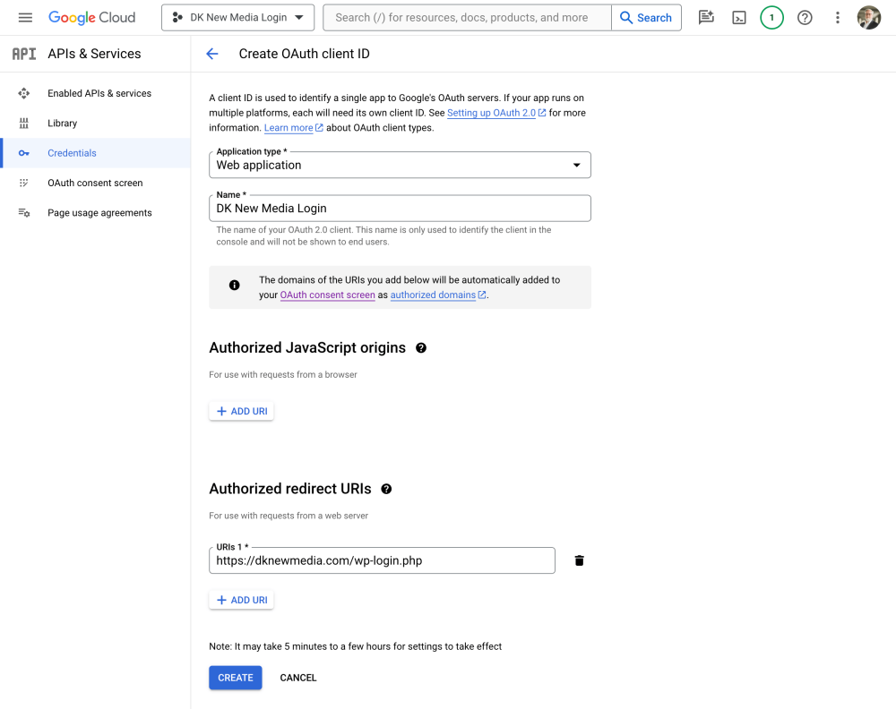 Google Cloud: How to Add A Google Login To Your Corporate WordPress Site 9 Google Cloud - Create OAuth client ID add redirect URI
