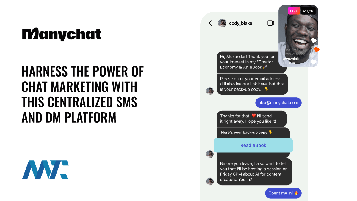ManyChat: Harness the Power of Chat Marketing with this Centralized SMS and DM Platform (Facebook, Instagram, WhatsApp) 1 ManyChat: SMS and DM Chat Marketing Platform (Facebook Messenger, Instagram, text messaging)