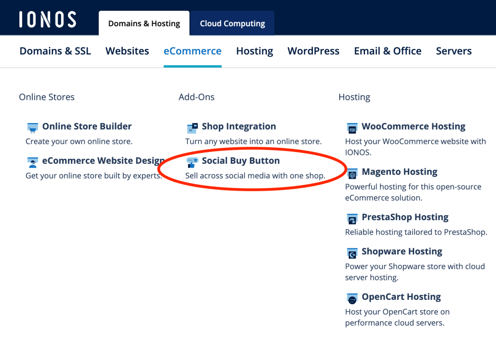 IONOS e commerce social buy button