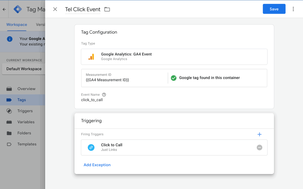 Track Call (Tel) Clicks As Key Events In Google Analytics 4 Events Using Google Tag Manager 4 Google Tag Manager GA4 Event for Click to Call
