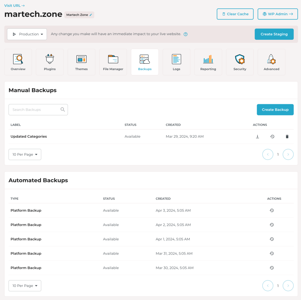 rocket managed hosting wordpress backups