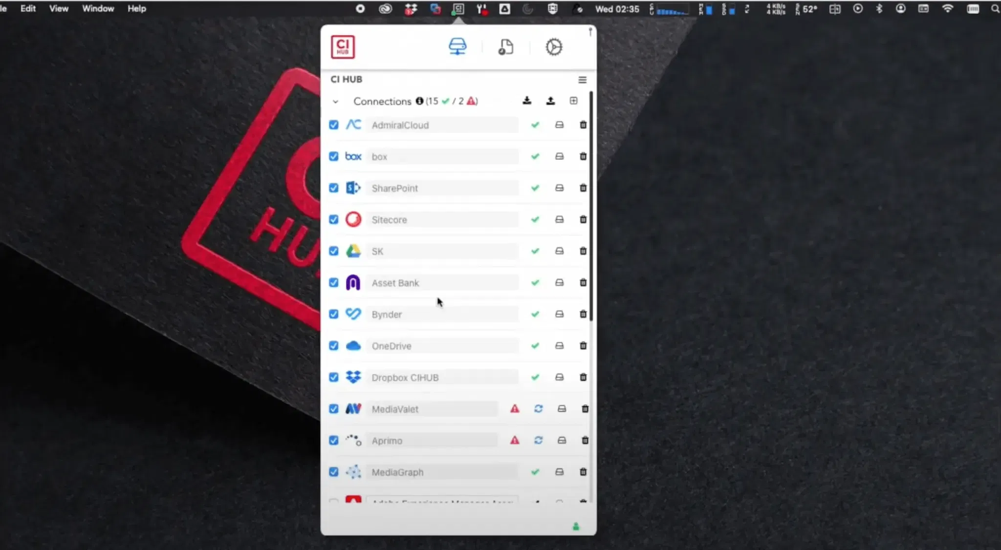 CI Hub Drive: MacOS navigation bar Access to DAM, PIM, MAM, Drive