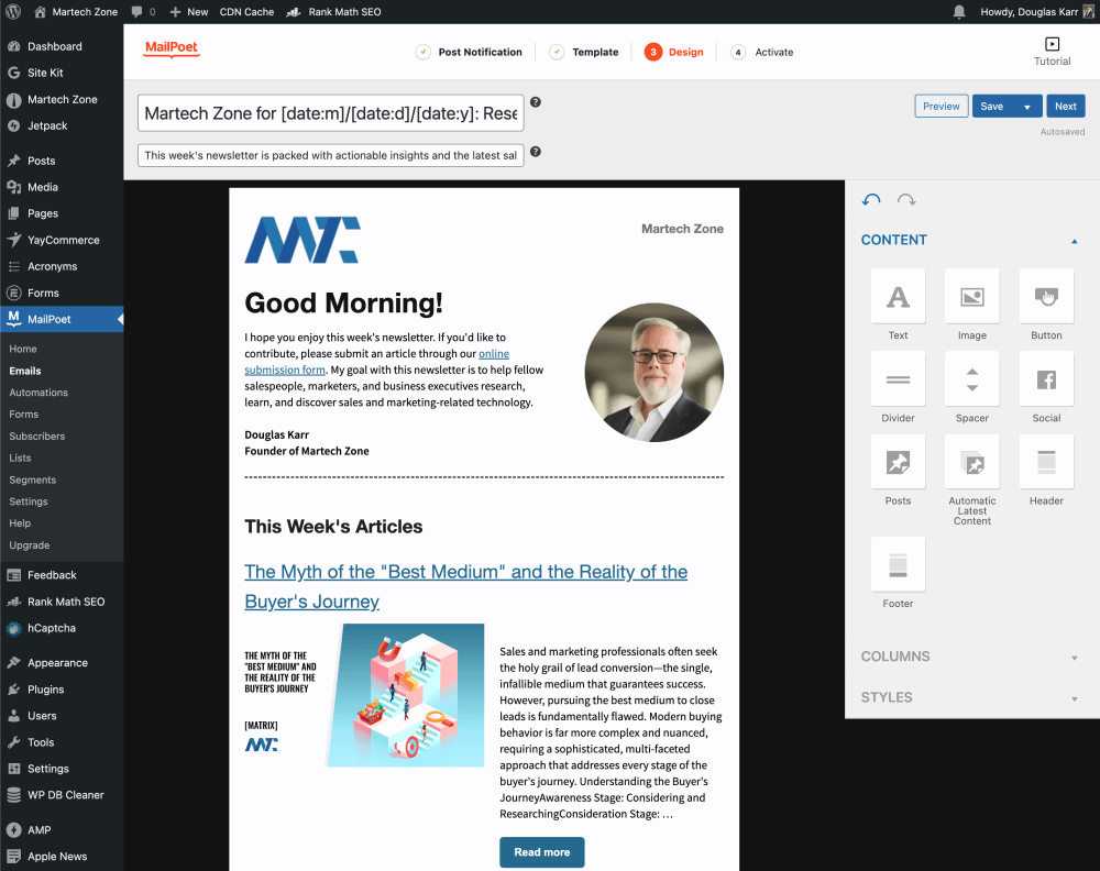 MailPoet: The Ultimate Email Marketing Solution for WordPress (and WooCommerce) 2 MailPoet Email Template for Martech Zone
