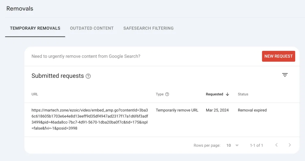 Google Search Console: Removals Report