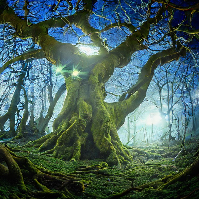 Stable Diffusion: magical forest clearing at night, illuminated by bioluminescent mushrooms and floating orbs of blue light, misty atmosphere, moonbeams filtering through the canopy, dramatic wide-angle shot from ground level, foreground elements frame the scene, ancient gnarled tree roots covered in phosphorescent moss, dewy cobwebs catching the light, rich deep blues and teals with accents of glowing cyan and purple, rendered in the style of Studio Ghibli meets digital concept art, hyperdetailed, 8K resolution, cinematic aspect ratio, volumetric lighting