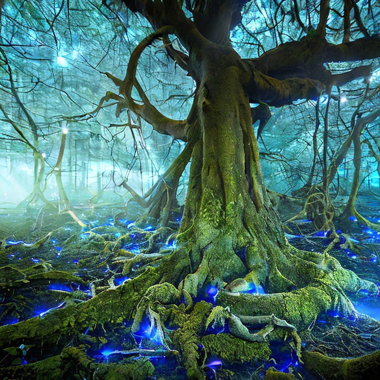 Stable Diffusion: magical forest clearing at night, illuminated by bioluminescent mushrooms and floating orbs of blue light, misty atmosphere, moonbeams filtering through the canopy, dramatic wide-angle shot from ground level, foreground elements frame the scene, ancient gnarled tree roots covered in phosphorescent moss, dewy cobwebs catching the light, rich deep blues and teals with accents of glowing cyan and purple, rendered in the style of Studio Ghibli meets digital concept art, hyperdetailed, 8K resolution, cinematic aspect ratio, volumetric lighting, award-winning, masterpiece, photorealistic rendering, professional photography, trending on artstation