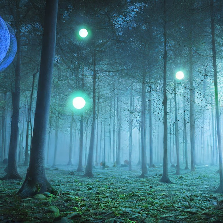 Stable Diffusion: magical forest clearing at night, illuminated by bioluminescent mushrooms and floating orbs of blue light, misty atmosphere, moonbeams filtering through the canopy