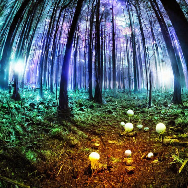 Stable Diffusion: magical forest clearing at night, illuminated by bioluminescent mushrooms and floating orbs of blue light, misty atmosphere, moonbeams filtering through the canopy, dramatic wide-angle shot from ground level, foreground elements frame the scene