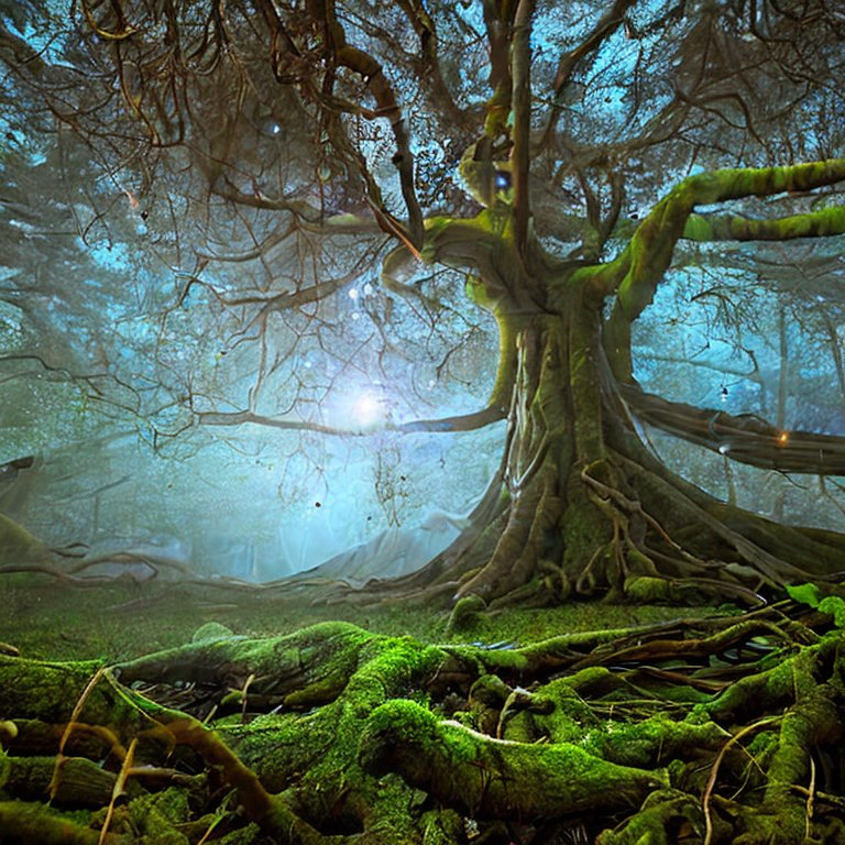 Stable Diffusion: magical forest clearing at night, illuminated by bioluminescent mushrooms and floating orbs of blue light, misty atmosphere, moonbeams filtering through the canopy, dramatic wide-angle shot from ground level, foreground elements frame the scene, ancient gnarled tree roots covered in phosphorescent moss, dewy cobwebs catching the light