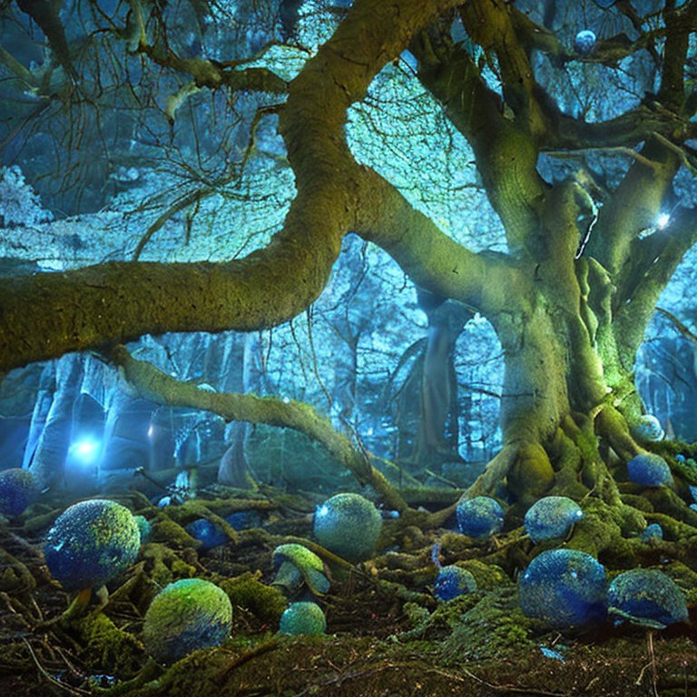 Stable Diffusion: magical forest clearing at night, illuminated by bioluminescent mushrooms and floating orbs of blue light, misty atmosphere, moonbeams filtering through the canopy, dramatic wide-angle shot from ground level, foreground elements frame the scene, ancient gnarled tree roots covered in phosphorescent moss, dewy cobwebs catching the light, rich deep blues and teals with accents of glowing cyan and purple